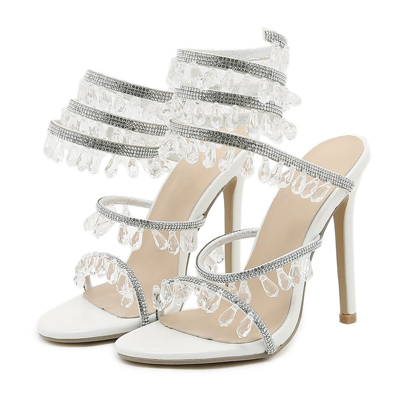

Luxury Summer Crystal Pendant Sandals Rhinestone Ankle Strap High Heels 11.5cm Women's Shoes Party Wedding Bridal Shoes 6A