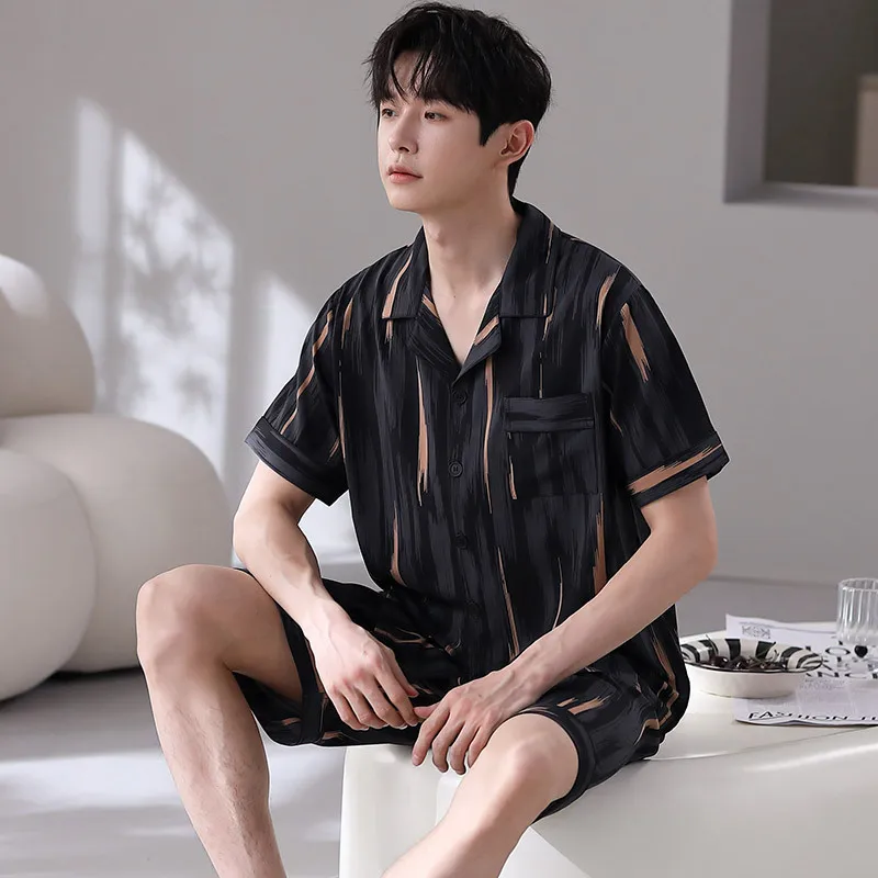 Men's Summer Thin Ice Silk Pajamas Lapel Short Sleeve Cardigan Shorts Oversized Loose Casual Home Clothing Set Luxury Sleepwear