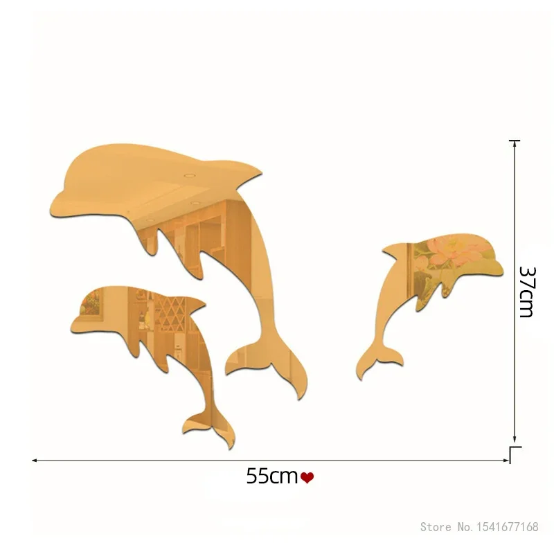 Creative Dolphin Acrylic Mirror Wall Decal, 3D Home Decoration, Living Room, Bedroom, TV Background, Removable, 2Pcs