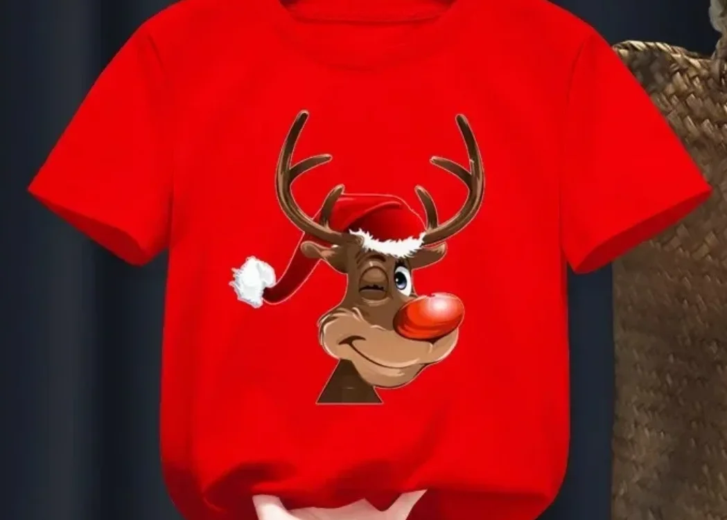 

Summer New Deer Merry Christmas Red Kid T-shirts Cotton Children Baby Red Harajuku Clothes Boy Girl Tops Gift