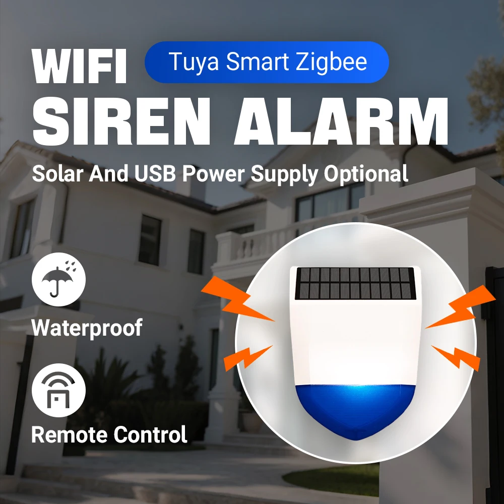 Siren Alarm Solar Siren Alarm Tuya Smart Zigbee/Wifi Outdoor Waterproof Solar/USB Power Supply 95dB Loud Remote Control IPXS Waterproof
