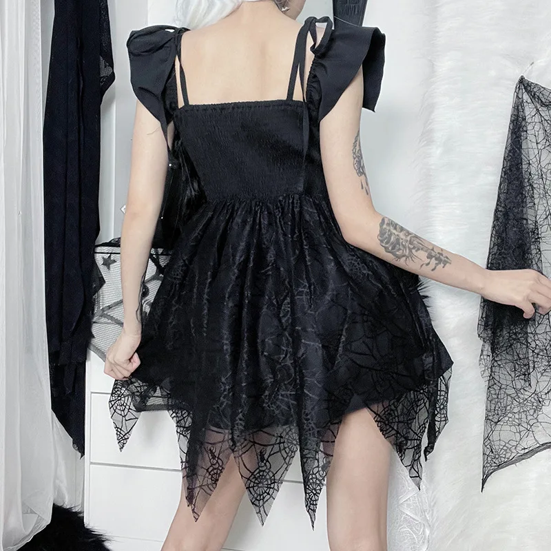 ち*ぴ様 lace ribbon head dress black depend Gothic Black Dress Party Spiderweb Patchwork Lace Lace-up