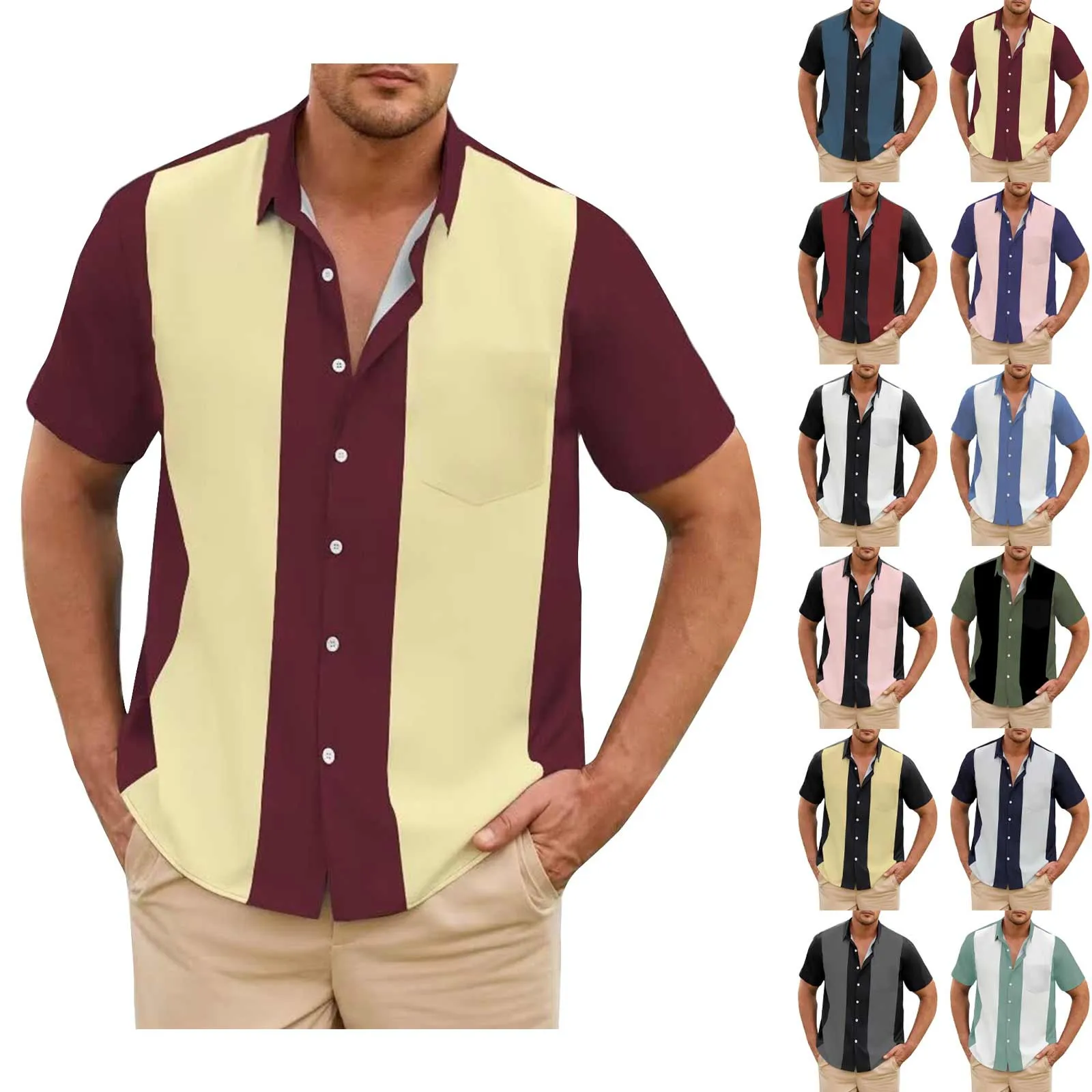 Fashion Business Stripped Splicing Shirt For Men Vintage Casual And Versatile Button Down Bowling Short Sleeve Summer T-Shirt 5