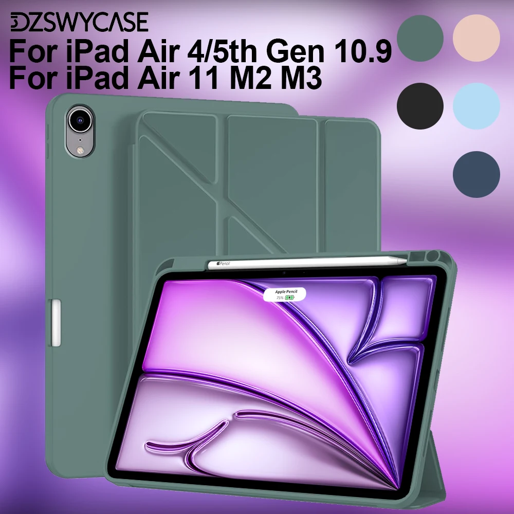 Case For iPad Air 4/5th Gen 10.9, for iPad Air 11 M2 M3, TPU Soft Cover, with Pencil Holder, Y-Shaped Stand, Auto Sleep / Wake