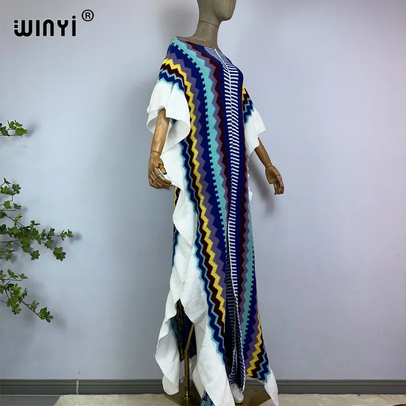 WINYI 2022 NEUE stricken Regenbogen druck Komfort Warme winter mode Urlaub kleid Elegante Afrika Frauen Boho party lange kleid