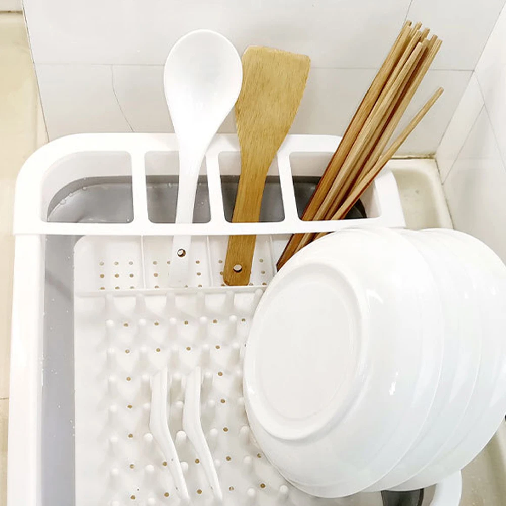 Collapsible Dish Drainer Dinnerware Organizer With Cutlery Divider Space Saving Kitchen Storage Tray for Compact Storage