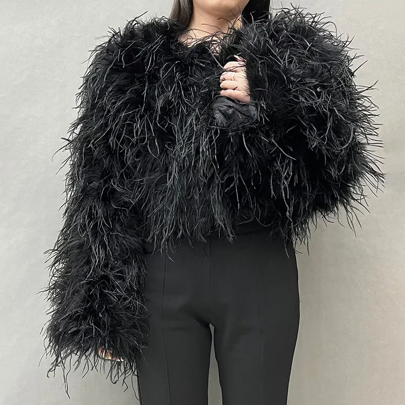 【deres】feather spring coat 2024 Women's Real Ostrich Feather Jacket Lady Natural Crop