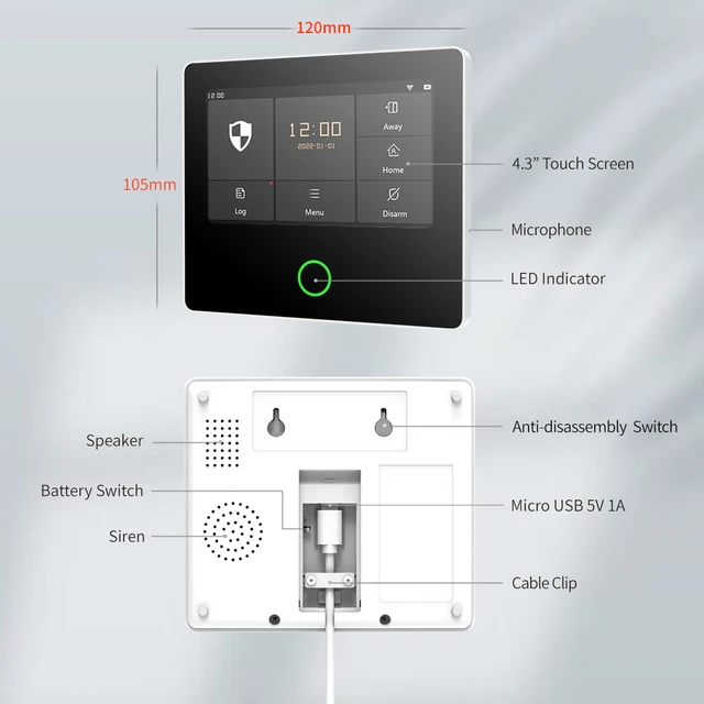 Staniot WiFi SecPanel 5 Wireless Home Alarm System Tuya Smart 4.3" Touch Screen Security Kit Built-in Siren APP Remote Control 3