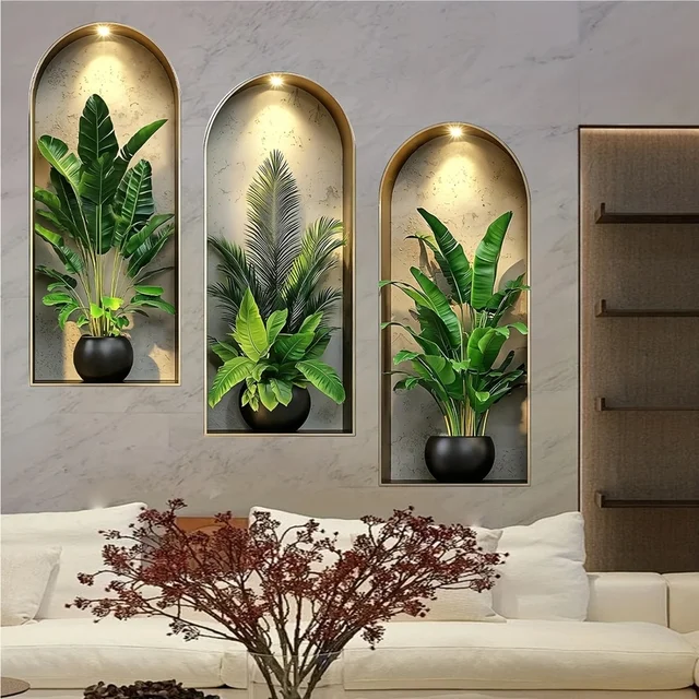 3D Watercolor Plant Wall Stickers - Realistic Potted Plants Decor, Self-Adhesive Vine Leaves For Living Room Bedroom Wall Decor