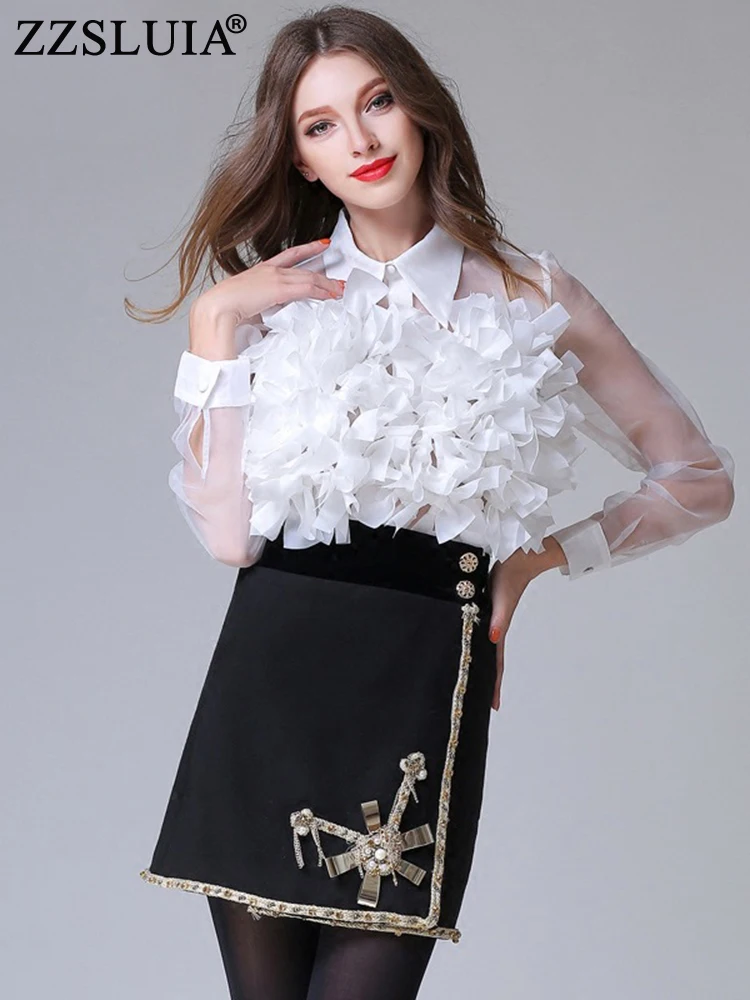 

ZZSLUIA Vintage Organza Blouses For Women 3D Appliques Designer Loose Style Shirts Fashion Long Sleeve Solid Color Tops Female