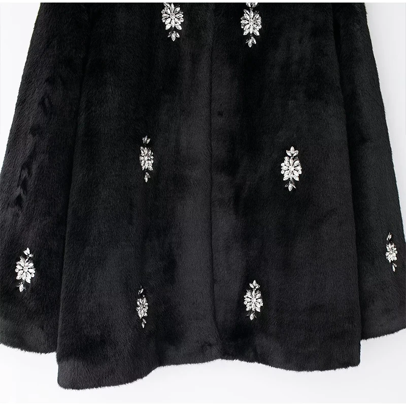 Abrigo de piel con joyería vintage para mujer, chaqueta holgada de manga larga con cuello redondo y felpa negra de invierno, abrigo grueso y cálido elegante para mujer