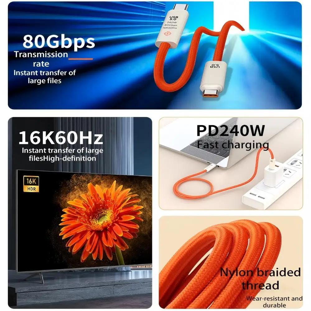 듀얼 타입-C 포트가 있는 USB 5.0 나일론 브레이디드 케이블 240W PD 고속 충전 다기능 데이터 케이블 스크린 캐스팅용