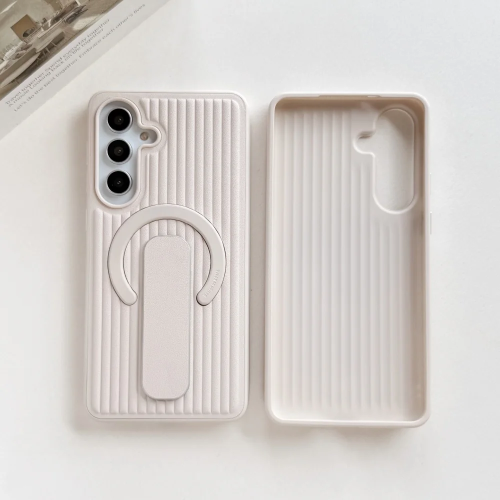 Adjustable Ring Holder Leather Magnetic Case with Creative Corrugated Stripe Cover