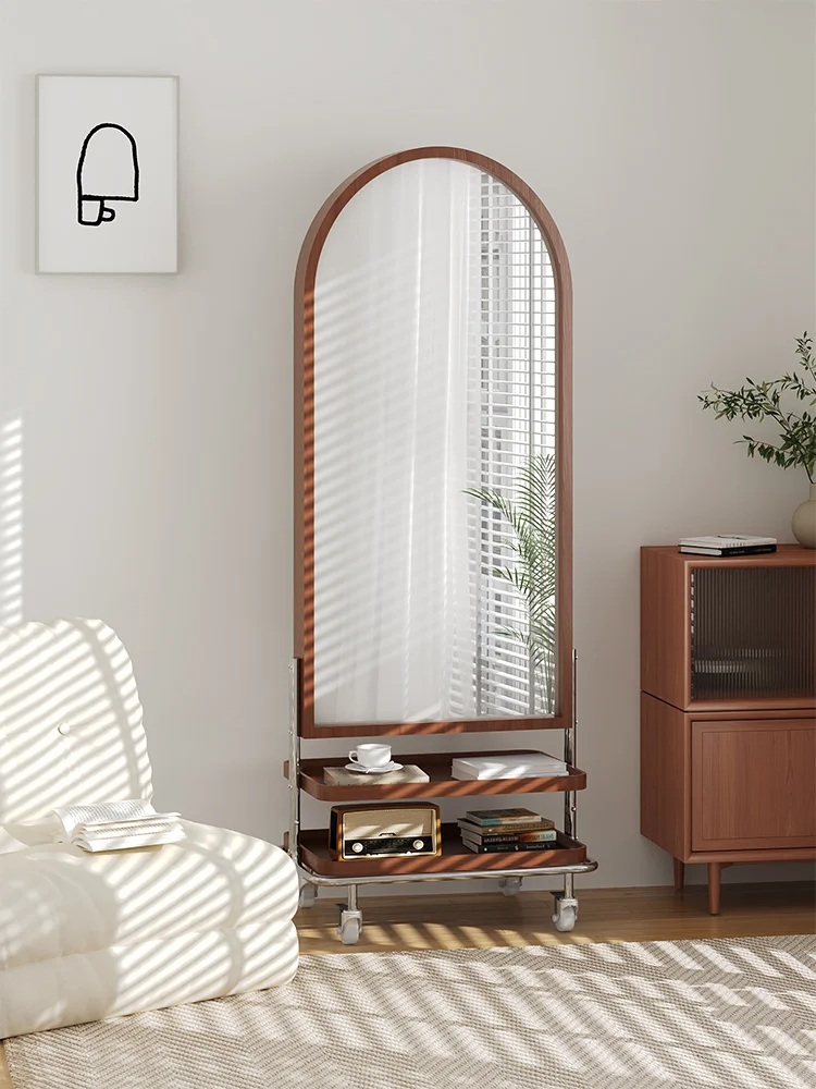 

Mid-Ancient Bedroom Retro Full Body Movable Floor Mirror Magazine Rack Integrated Dressing Mirror