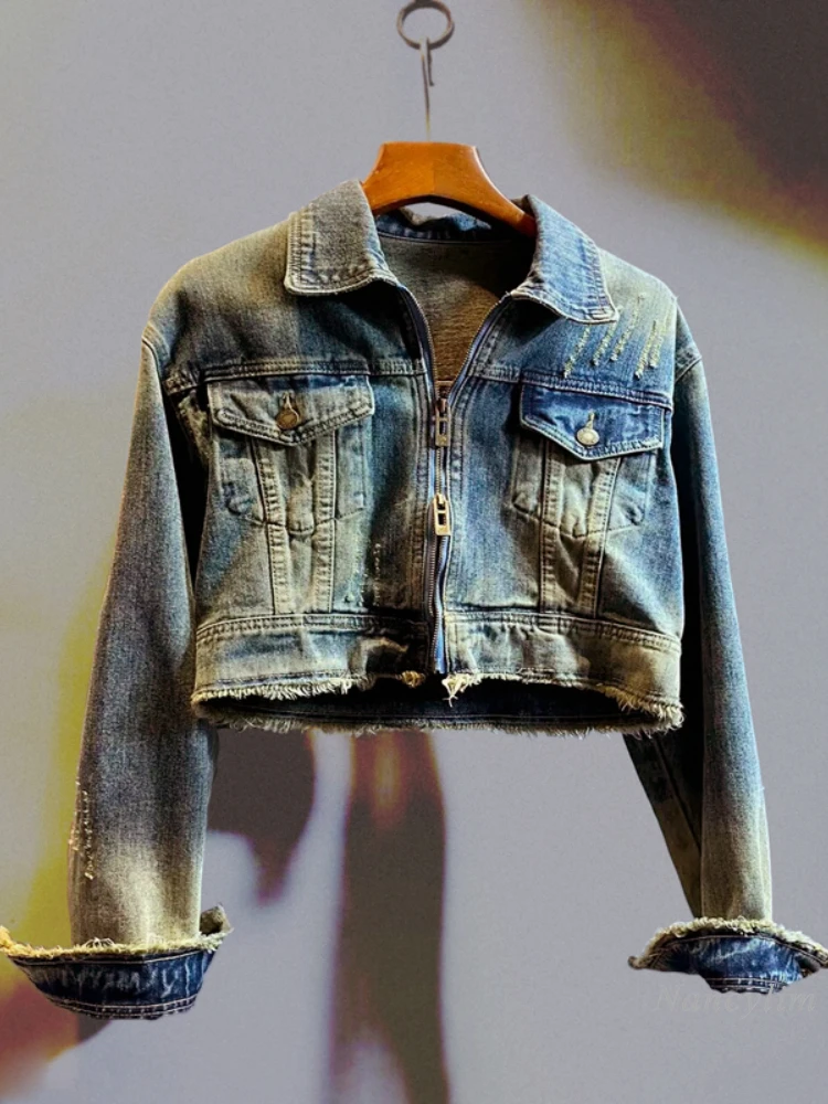 

Spring Fall Fashion Denim Jacket Womans Casual Long Sleeve Jacket Retro Gradient Loose Short Coat Casual Female Daily Wear