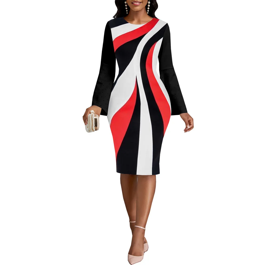 

Casual Women Streetwear Dress Female Long Sleeve Robe Girl's Pullover Patchwork Vestidos Lady's Wrap Hip Pencil Dresses