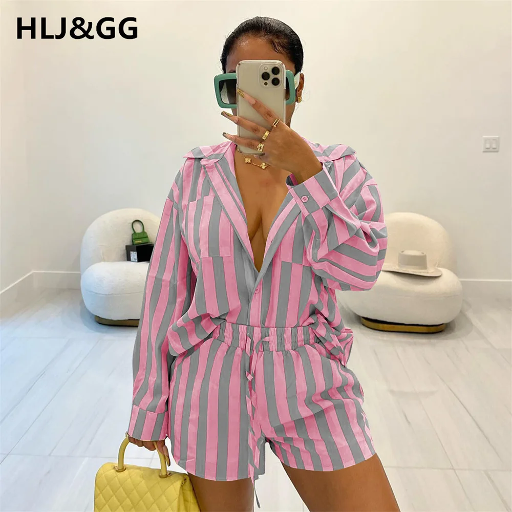 

HLJ&GG Fashion Stripe Printing Two Piece Sets Women Turndown Collar Long Sleeve Shirt And Shorts Outfits Casual 2pcs Home Suits