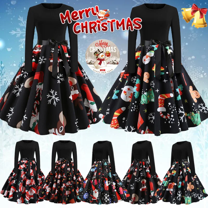 

Cute Snowman Christmas Women Dress New Autumn Winter Long Sleeve Elegant Swing Dress Festival Evening Party Vintage 50s 60s Robe