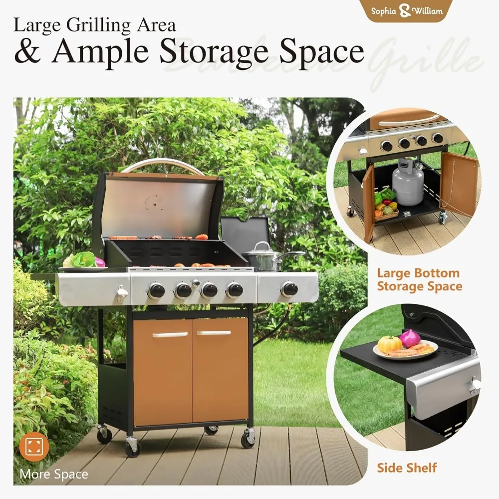 Burner Gas BBQ Grill with Side Burner and Porcelain-Enameled Cast Iron Grates, Propane Grills Outdoor Cooking Barbecue 5
