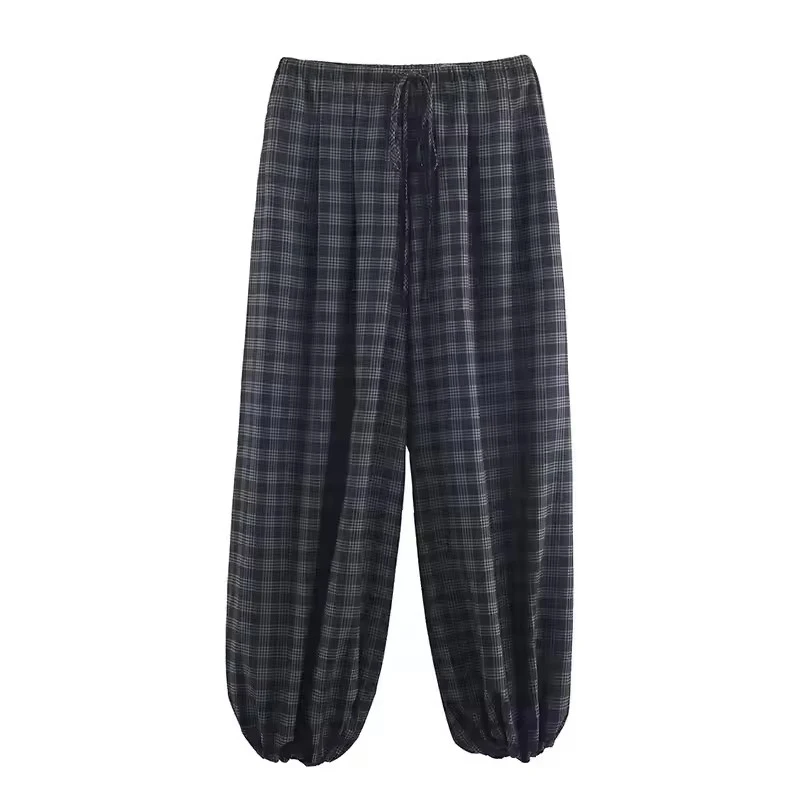 Women Autumn New Ramie Bloomers Plaid Printed Loose Pants Female Fashion Versatile Drawstring Streetwear Casual Trousers