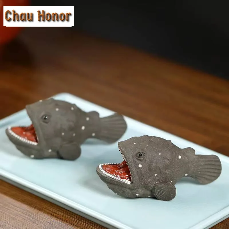 Chinese Yixing Anglerfish Sculpture Purple Clay Tea Pet Shark Statue Ornaments Animal Figurine Craft Handmade Tea Set Decoration
