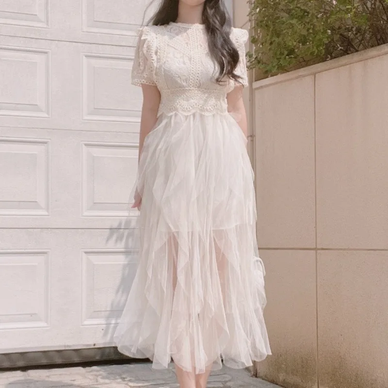 

Apricot Mesh Dress Women Lace Patchwork Elegant Vestidos Women's Clothing High Waisted A-line Vintage Prom Dress Ladies