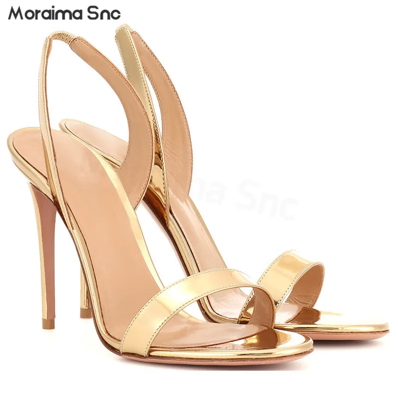 

Gold One-Word Strap Back Strap Sandals Large Size Round Toe Stiletto Fashion Elegant Open-Toe High-Heeled Sandals Women's Shoes