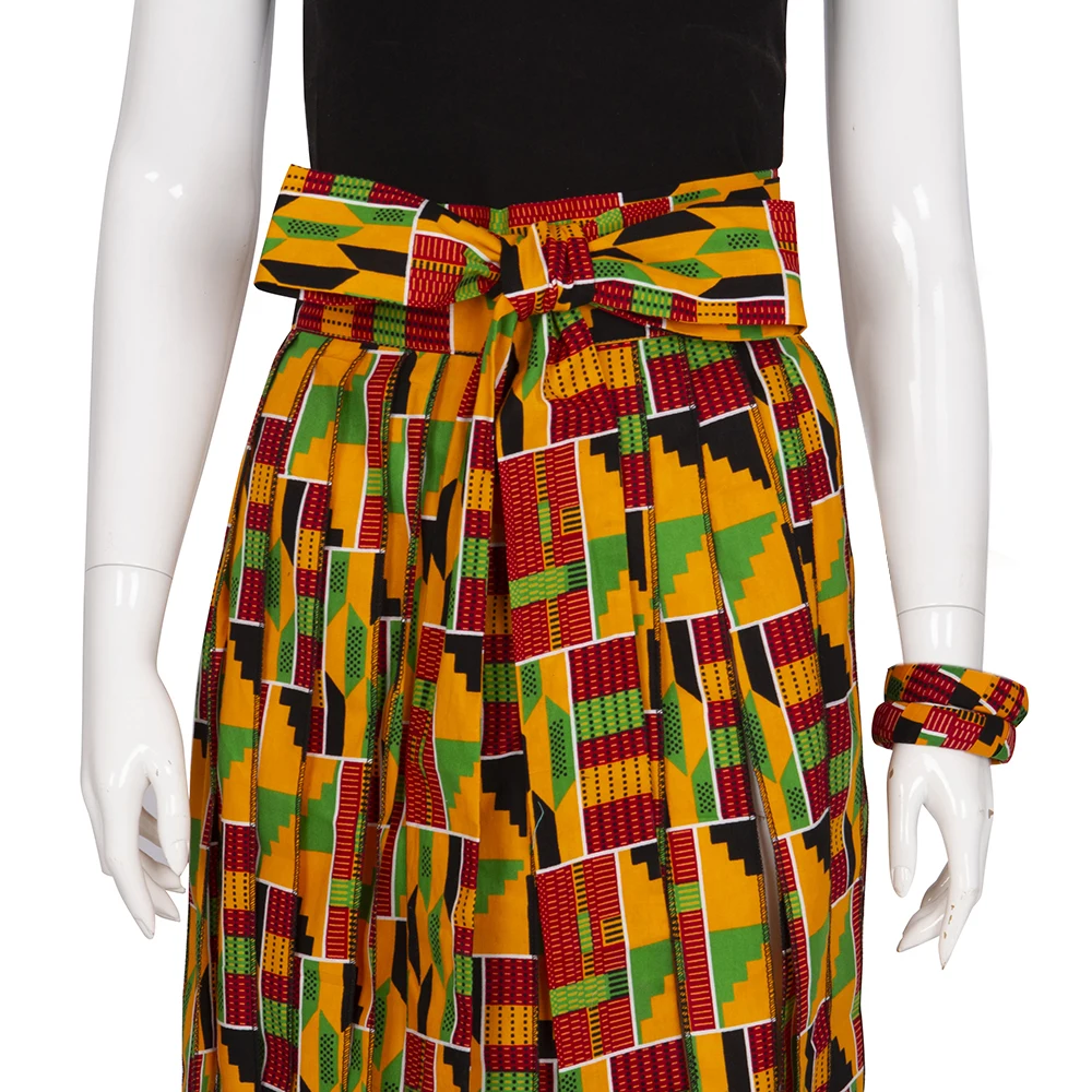 African Dresses Women Kente Fringe Belt Skirt Matching 5 Bracelets 1 Pair Round Drop Earrings Dance Carnival Costume Wyb792