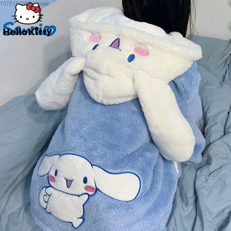 

Пижамный комплект Sanrio Cinnamoroll с капюшоном для женщин, комплект из 2 предметов, теплая мягкая плюшевая Утепленная зимняя длинная свободная Пижама, мягкая Домашняя одежда, Y2k