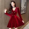 Women Spring Autumn Korean Fashion Solid Color Pleuche V-neck Long Sleeve Dresses Ladies All-match Temperament A-line Skirt 6