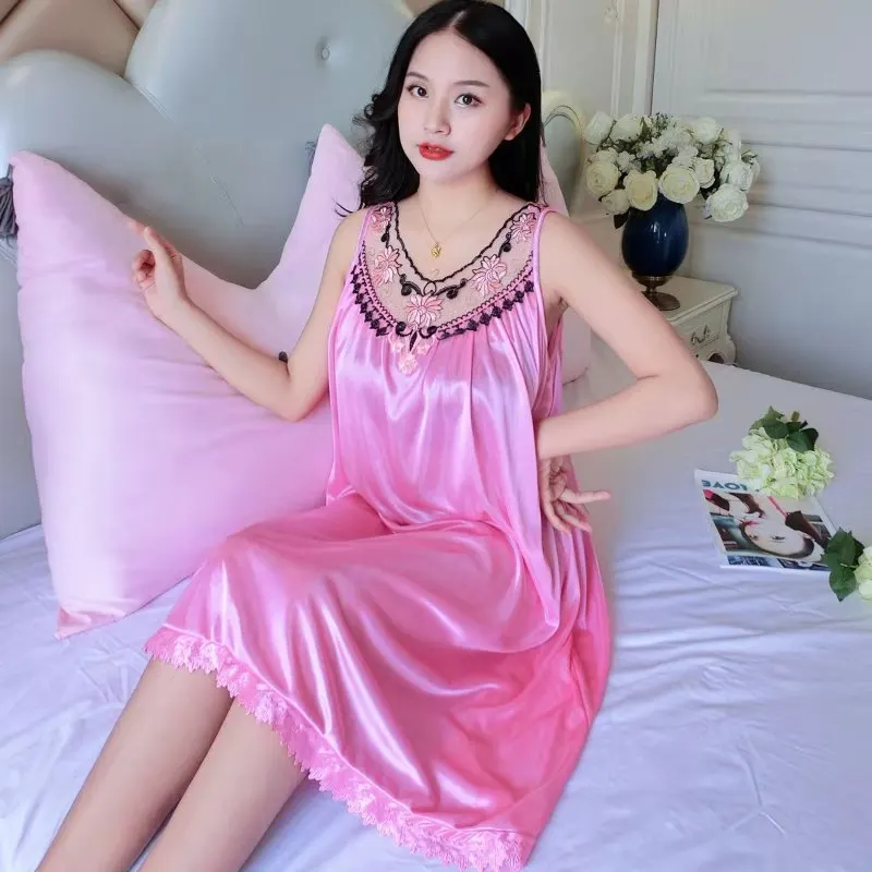 Women's Nightgowns Silk Satin Sleepwear Sleeveless Strap Nightdress Lace Nightwear Ladies Loungewear pajamas pyjamas Homewear
