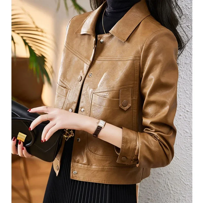 1pcs Womens Short PU Leather Jackets Coat 2024 Autumn New Faux Fur Single Breasted Splicing Ladies Skinny Locomotive Small Coats