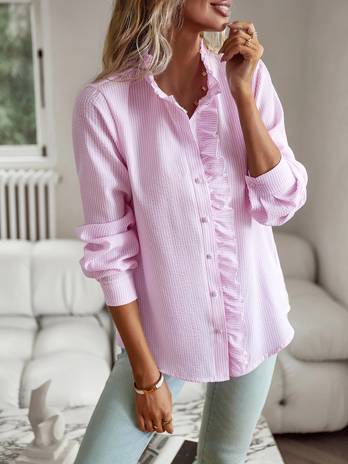 Neuer Stil 2024, Temperament-Pendlerbluse, Strickjacke, gekräuselt, langärmelig, Puffärmel, Hemdbluse für Damen – Detail 5