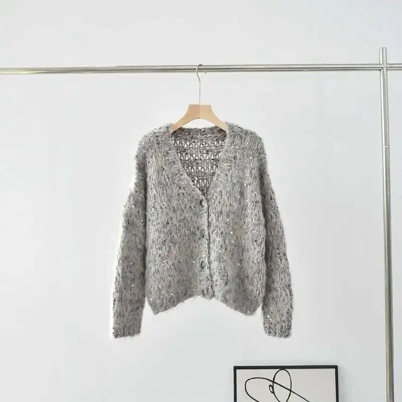 

New Autumn and Winter Mohair Cardigan Women V-neck Sequin Thick Needle Long-sleeved Knitted Jacket Sweater
