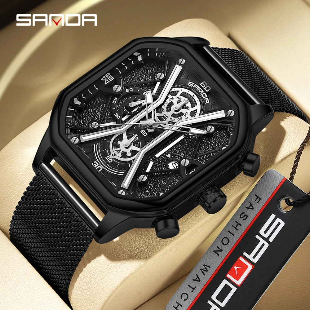 SANDA 2023 Luxury Watch Business Waterproof Male Clock Luminous Date Stainless Steel Square Quartz Men Wristwatches Reloj Hombre