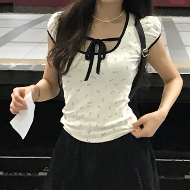 Y2K 여성용 뱅지 러플 패치워크 티셔츠, 귀여운 그런지 스퀘어넥, 미적인 한국 반팔 크롭탑, 빈티지 여름 신상