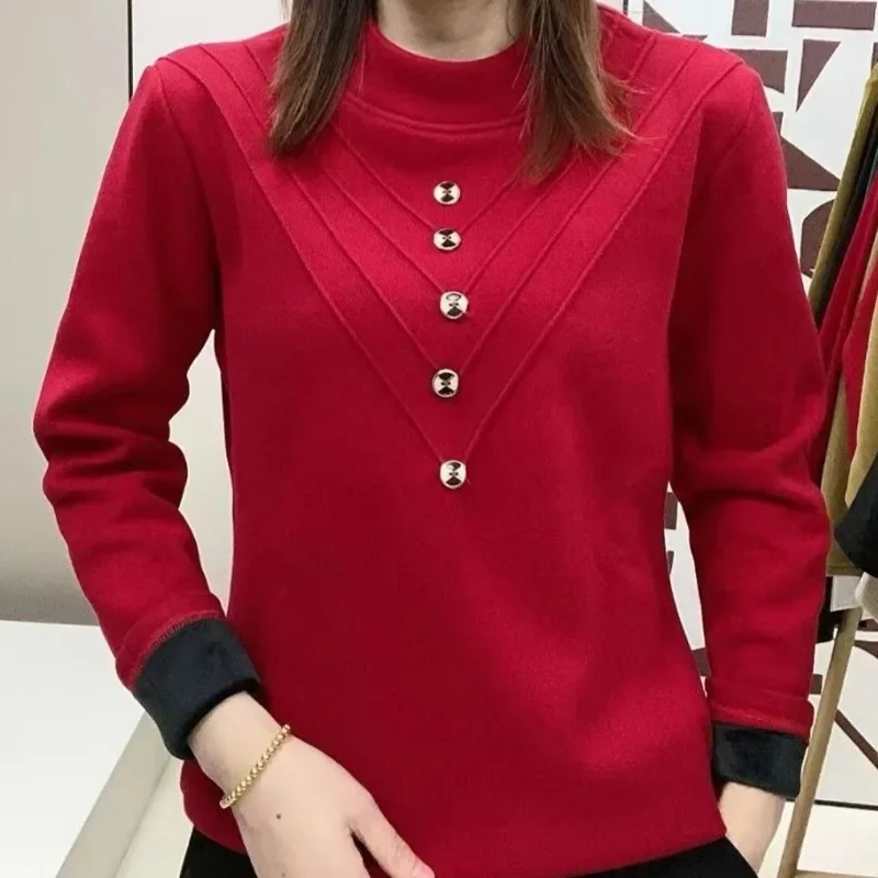 Women's Pullover Solid Patchwork Button Shirring Bottom Hoodies Winter Fashion Half High Neck Slim Long Sleeve Office Lady Tops