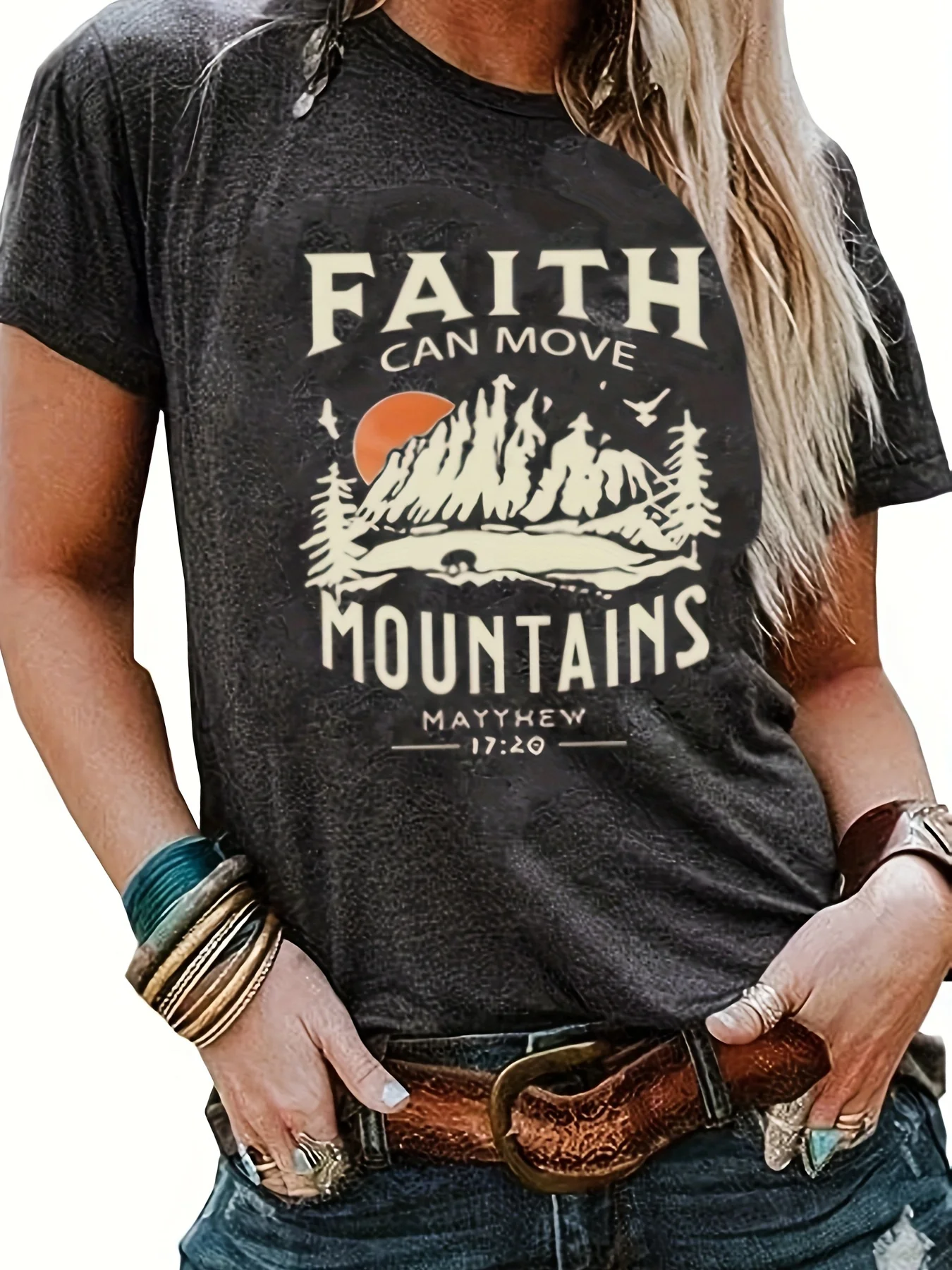 FaithMountainPrintTshirtCasualShortSleeveCrewNeckTopWomens