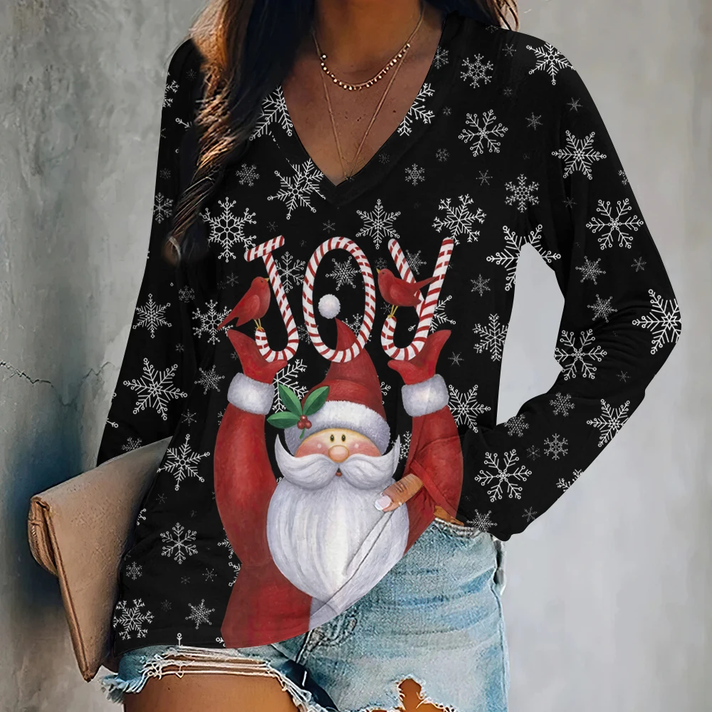 

Christmas T-Shirt For Women Funny Santa Claus Print V-Neck Pullover Top Fashion Sweatshirt Winter Oversized Party Woman Clothing