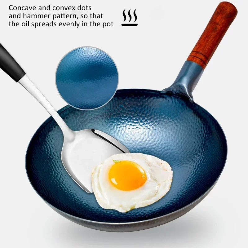 

Hammered Cast Iron Wok,Carbon Steel Round Bottom Wok ,Blue Kitchen Cookware,Beech Handle Uncoated Non-stick Pan