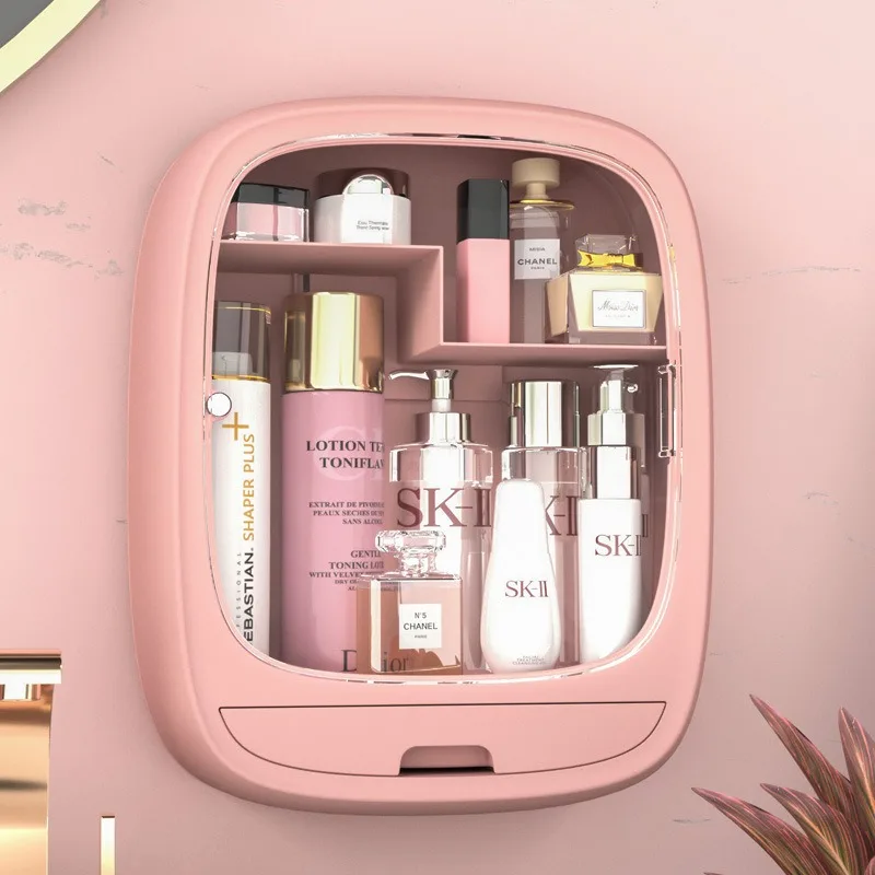 

Household Multifunction Wall-Mounted Cosmetics Storage Box, Punch Dust-Proof Storage Rack with Lid, Large Capacity Shelf
