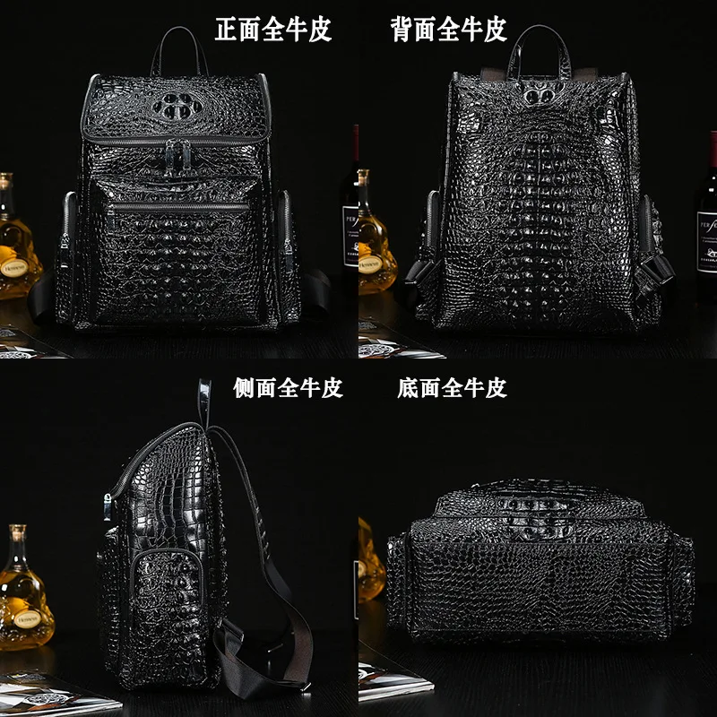 Mochila crocodilo real masculina, tendência da moda, bolsa de bagagem de couro de primeira camada, grande capacidade, padrão