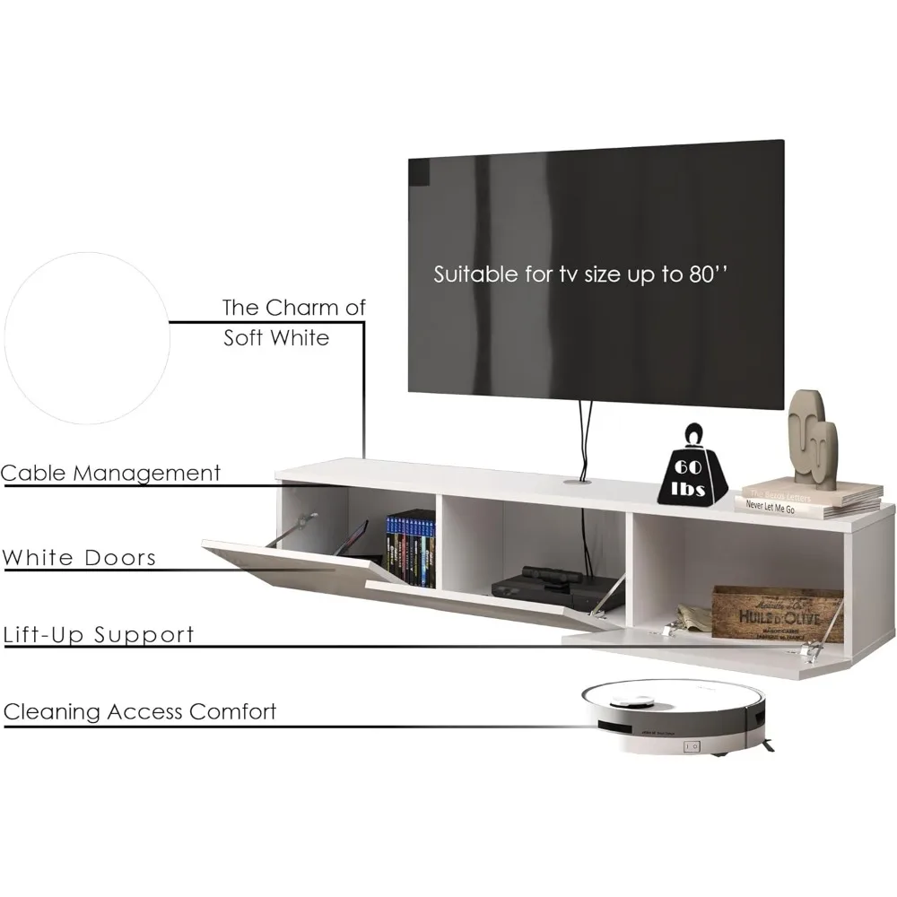 Mobili White Floating TV Stand, TV Stand up to 75 Inch TV, Floating TV Stand Wall Mounted, Floating Entertainment Center 6