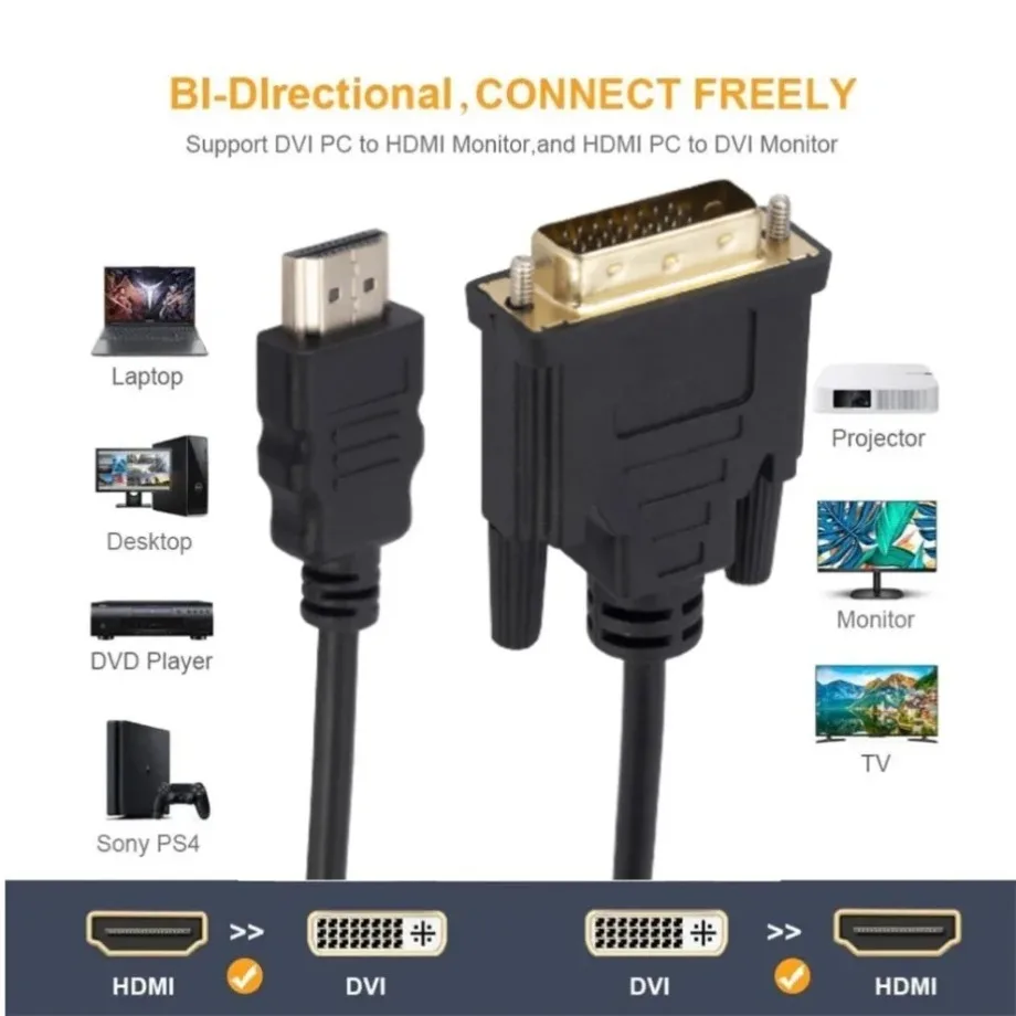 4K HDMI-compatible to DVI Adapter Cable 1080P Bi-direction 24+1