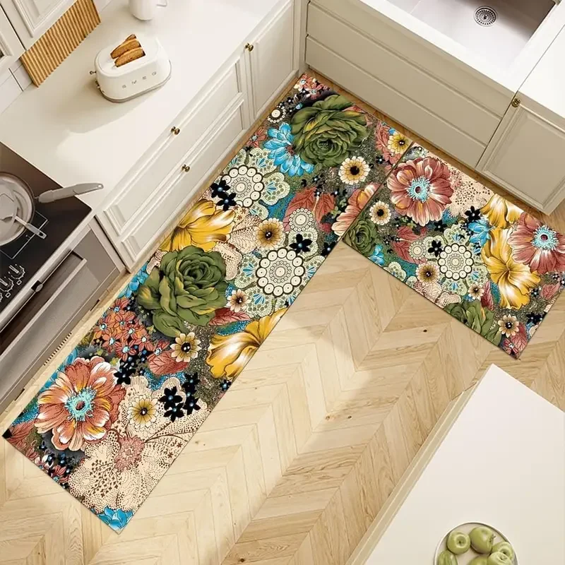 VIKAMA Kitchen Floor Mat Oil Resistant Wipeable Washable Waterproof Mat American Floral Carpet Home Decoration 1/2PC