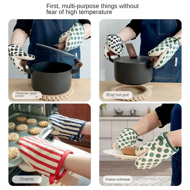 Japanese Style Polka Dot Kitchen Gloves Heat-Resistant Oven Mitts for Home Use Microwave Safe