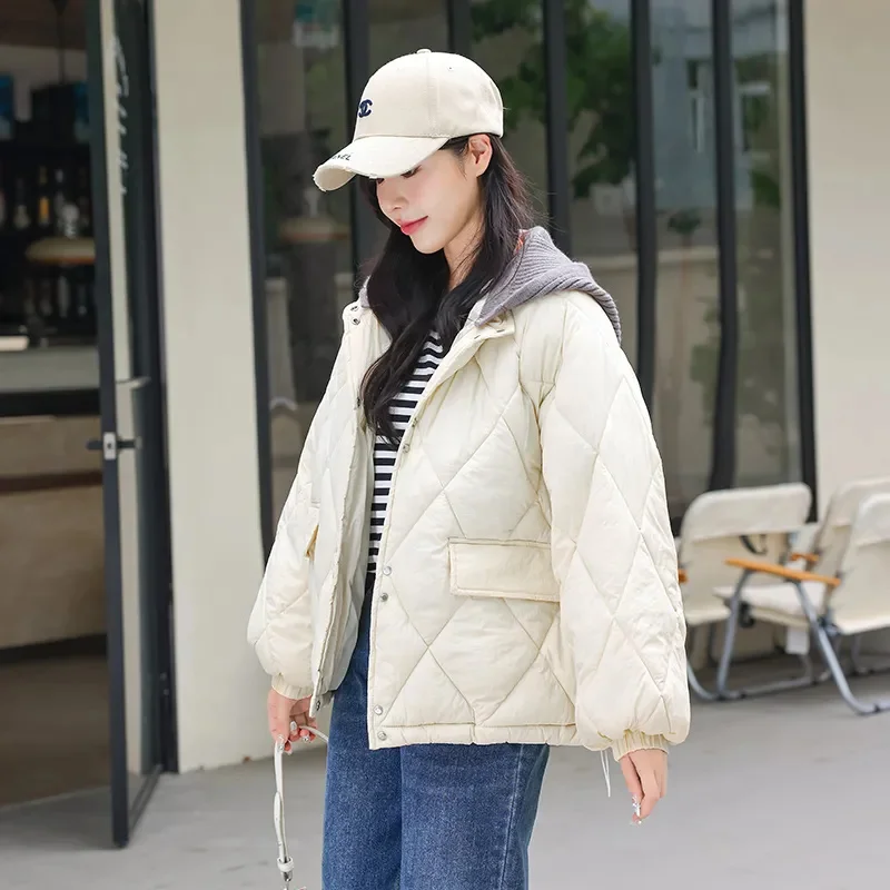 

2023 Autumn Winter Padded Cotton Coat Female Jacket Women's Short Fake Two Pieces Cotton-padded Jacke Outerwear Hooded