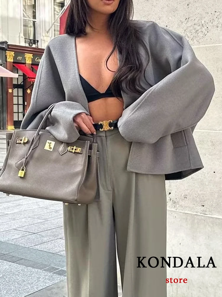 

KONDALA Chic Solid Casual Oversized Button V Neck Women Wool Jacket Fashion 2023 Vintage Autumn Long Sleeve Streetwear Outwear