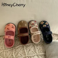 HoneyCherry New Corduroy Floral Canvas Shoes Girls Square Mouth Indoor Shoes Soft Soled Non-slip Shoes 1
