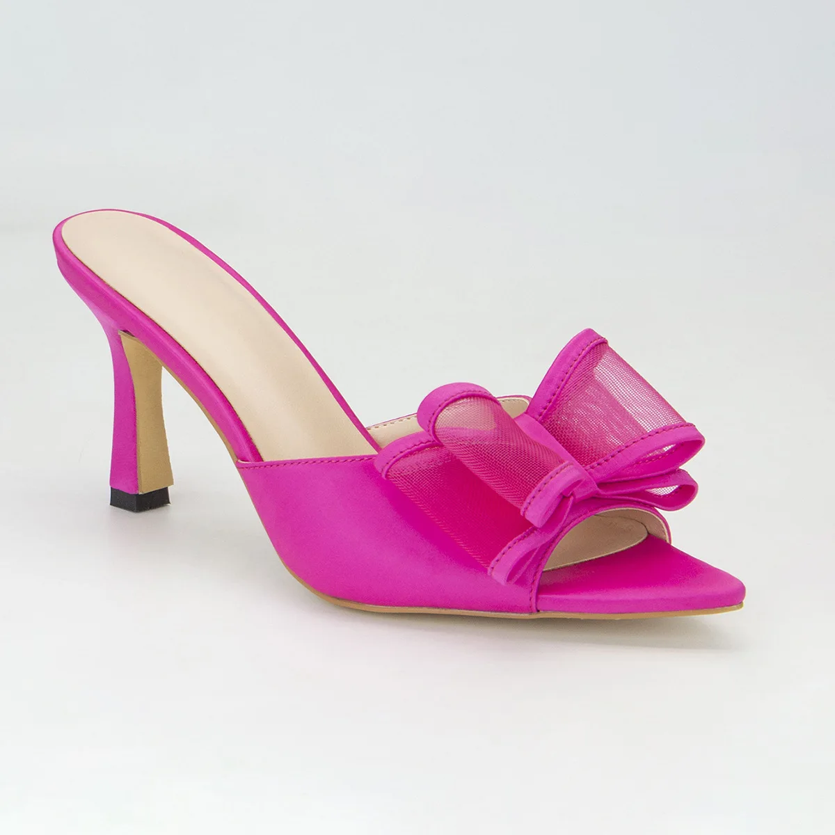 

Розово-красные туфли с острым носком, сетчатые туфли-лодочки с бантом, женские Сатиновые туфли, женская обувь